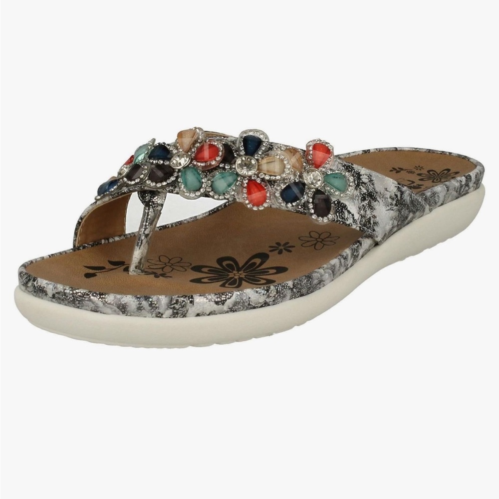 Rieker Leather Sandals Multicolor Jewelled Floral Details Comforted Slides Boho